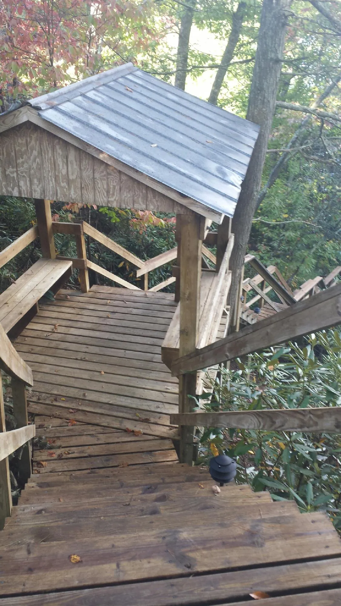 Metal roofed shelter over wooden steps on a wooded walkway — Skylight Repair & Installation work by our crew in Westlake